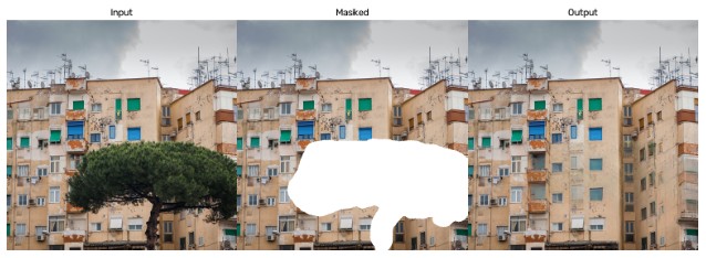 LaMa inpainting example: input image, masked region, and clean output