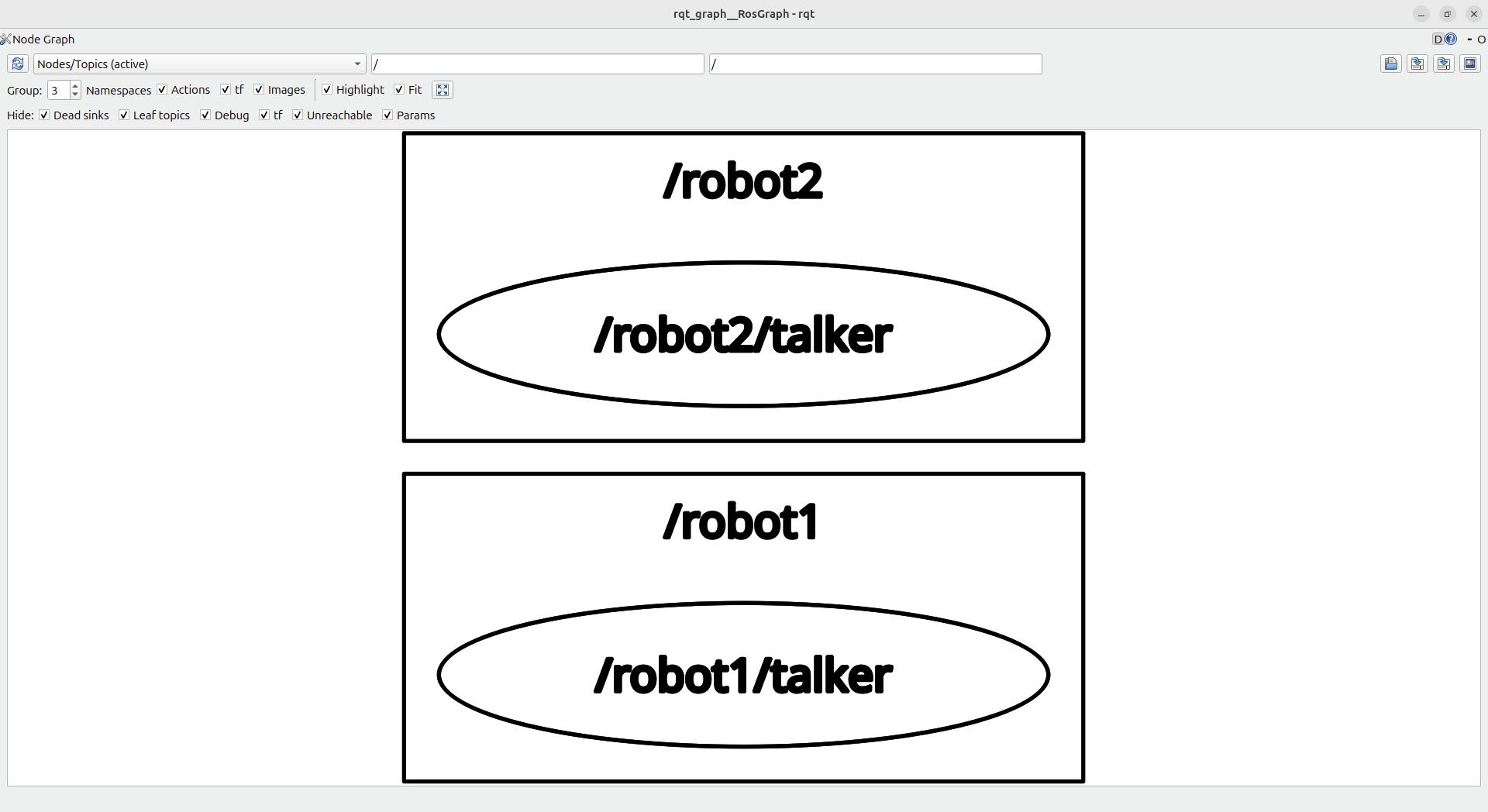 Two nodes running in their namespaces without listeners